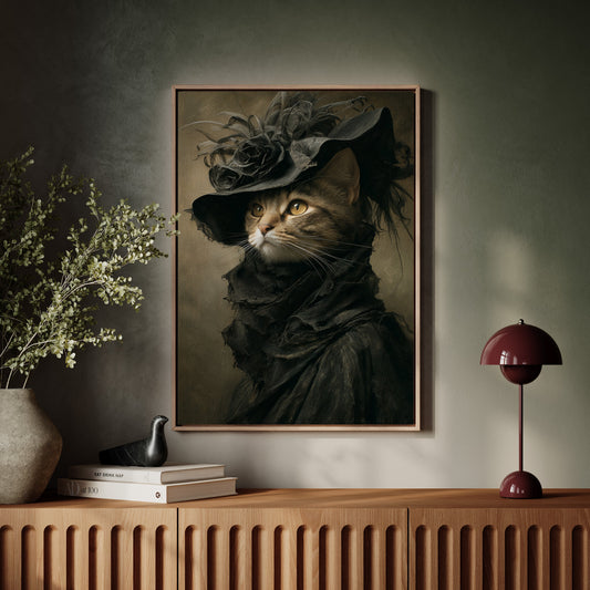 Tall wood-framed cat portrait with feathered hat, set on a wall