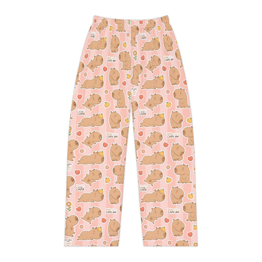 Women's pajama pants, pink capybara pattern, elastic waist