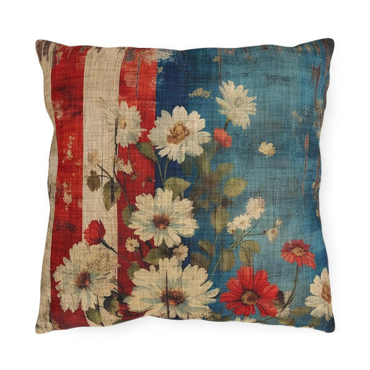 Square decorative pillow featuring vintage floral American flag pattern in red, white, blue.