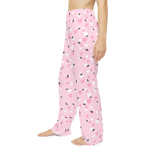 Pink pajama pants featuring hearts and bee pattern, full-length loose fit with elastic waist