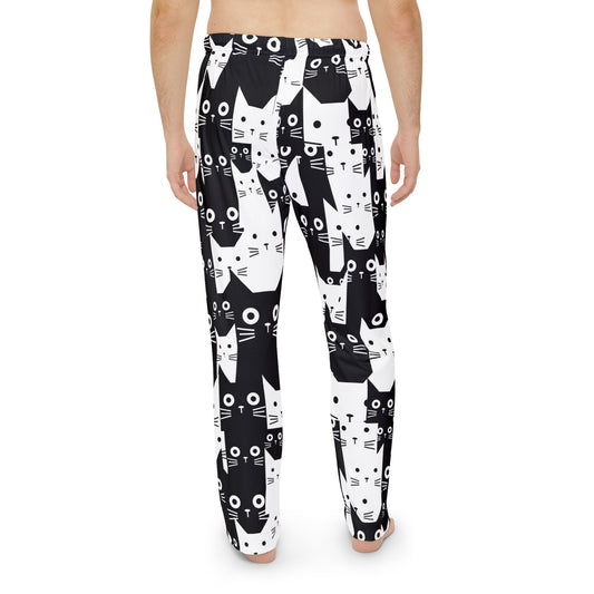 Men's black-and-white cat print pajama pants, full-length with elastic waistband.