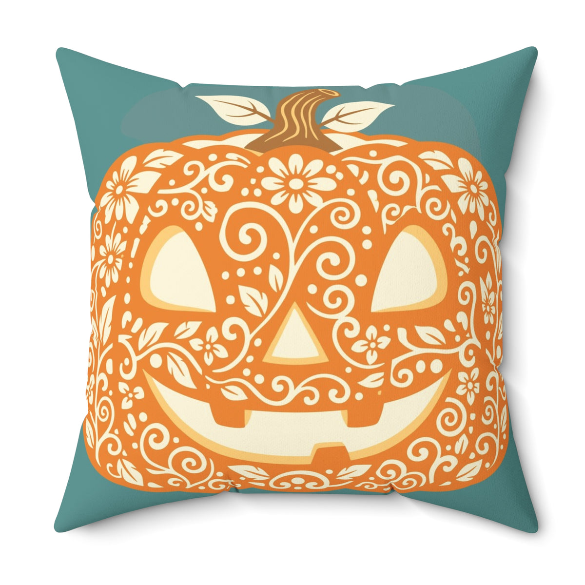 Floral Sugar Skull Pumpkin Pillow | Square Decorative Halloween Pillow