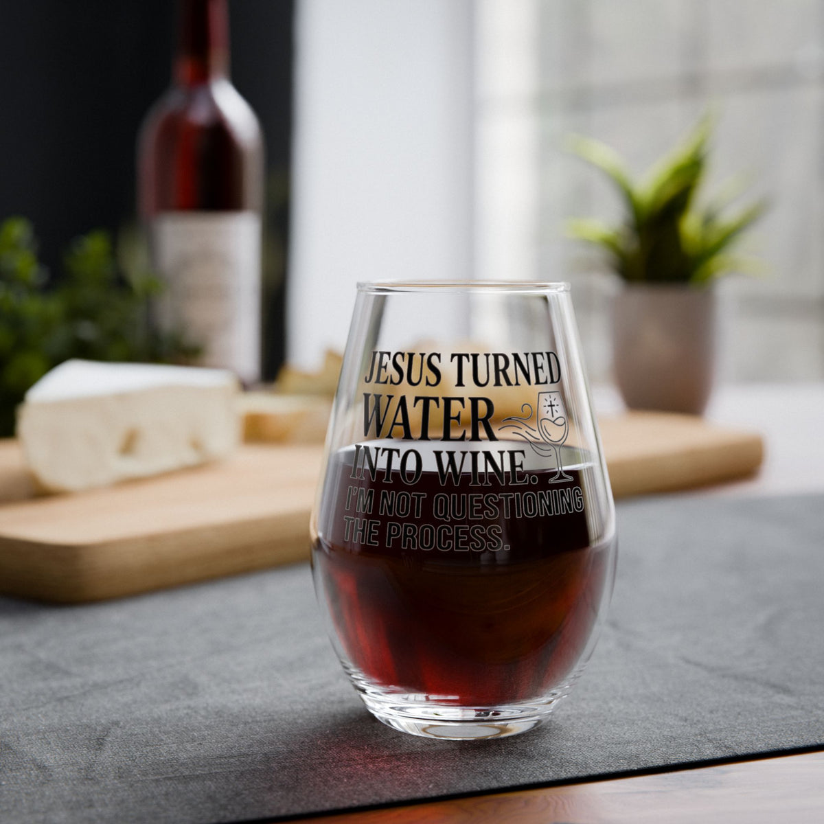 Jesus Turned Water Into Wine Stemless Wine Glass | Funny Religious Quote