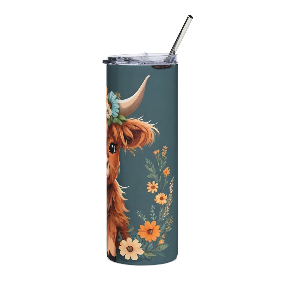 20oz Highland Cow Floral Tumbler — Stainless Steel Travel Cup