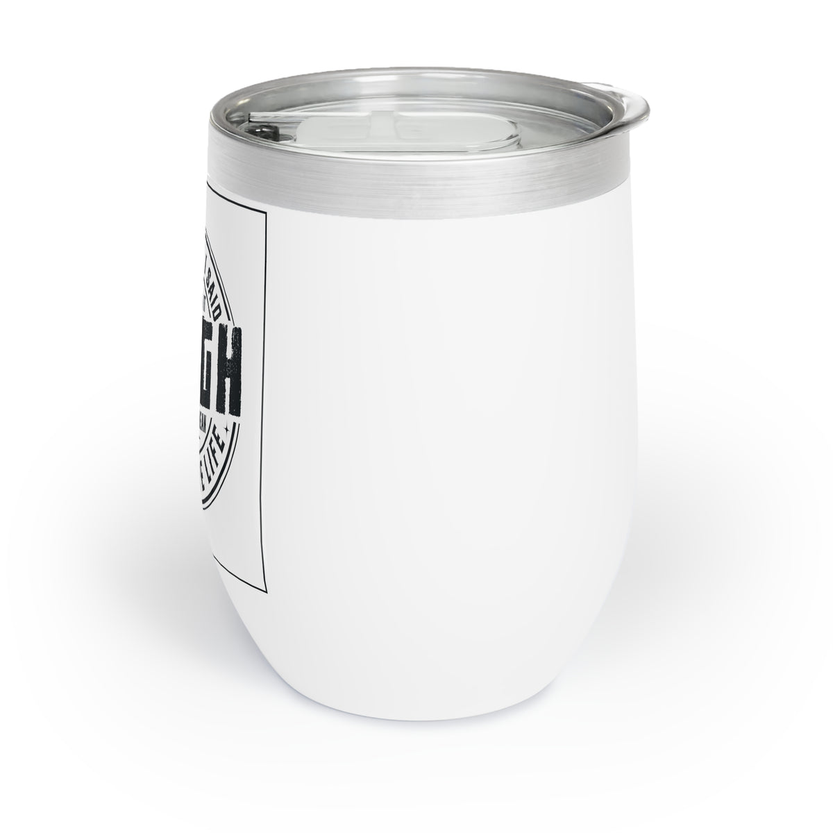 White insulated wine tumbler angled view with clear lid and partial side graphic.