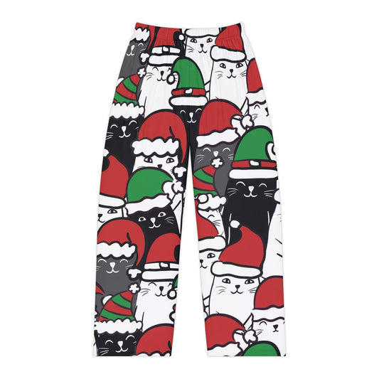 Santa cat pajama pants in white with red, green, and black cartoon cat pattern