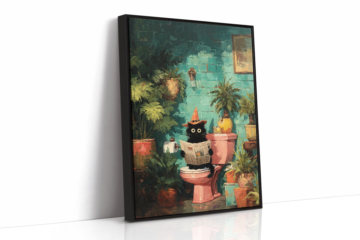 Black-framed cat artwork with teal plants, terracotta pots, and an orange cat figure