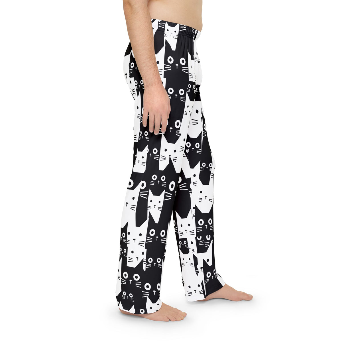 Men's Black and White Cat Pattern Pajama Pants | All-Over Print Lounge Trousers
