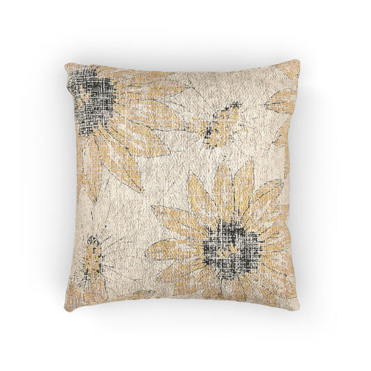Square woven pillow with yellow sunflower floral pattern, light background, stitched edges