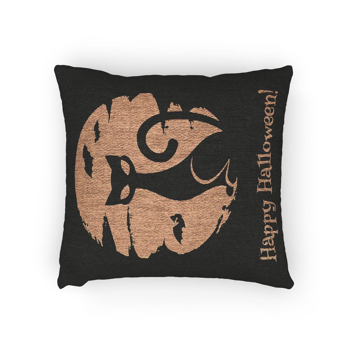 Black Cat Halloween Pillow | Happy Halloween woven decor, spooky moon design