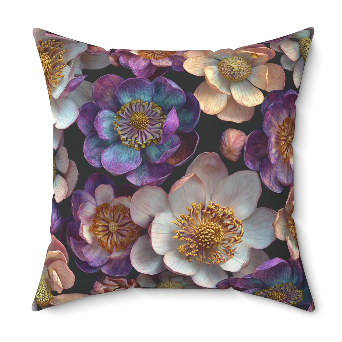 Square decorative cushion with layered purple and white blooms and gold trim