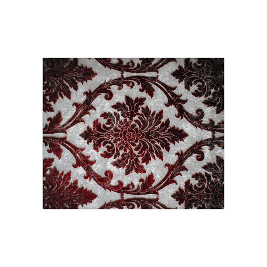 Ivory damask throw blanket swatch with dark red ornate floral medallion pattern
