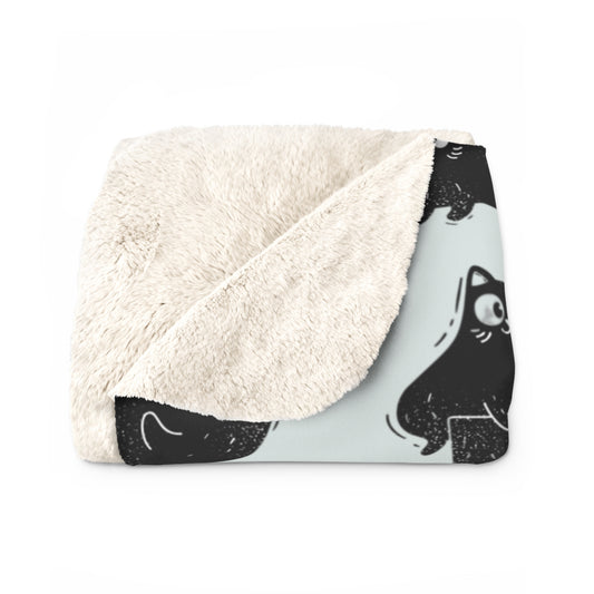 Niedliche Sherpa-Fleece-Decke mit schwarzem Katzenmuster