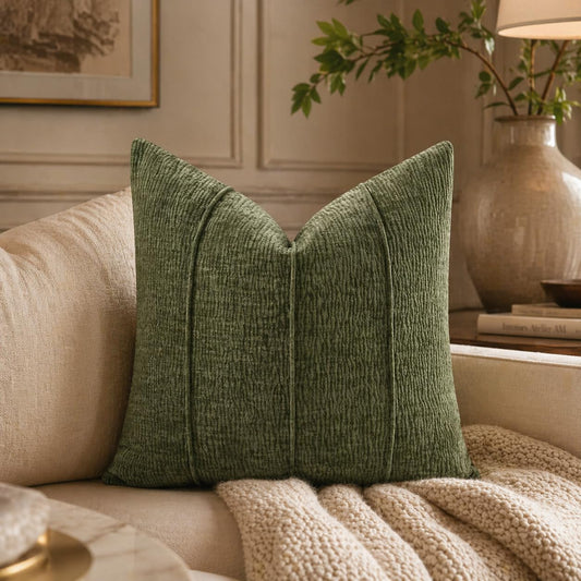 Textured corded ribbed lumbar throw pillow, dark green fabric with vertical channels