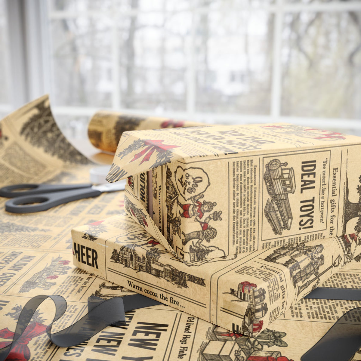 Vintage Newspaper Christmas Tree Wrapping Paper | Holiday Print