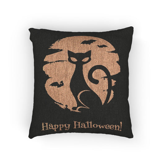 Black cat Halloween pillow with tan woven cat graphic and 'Happy Halloween!'