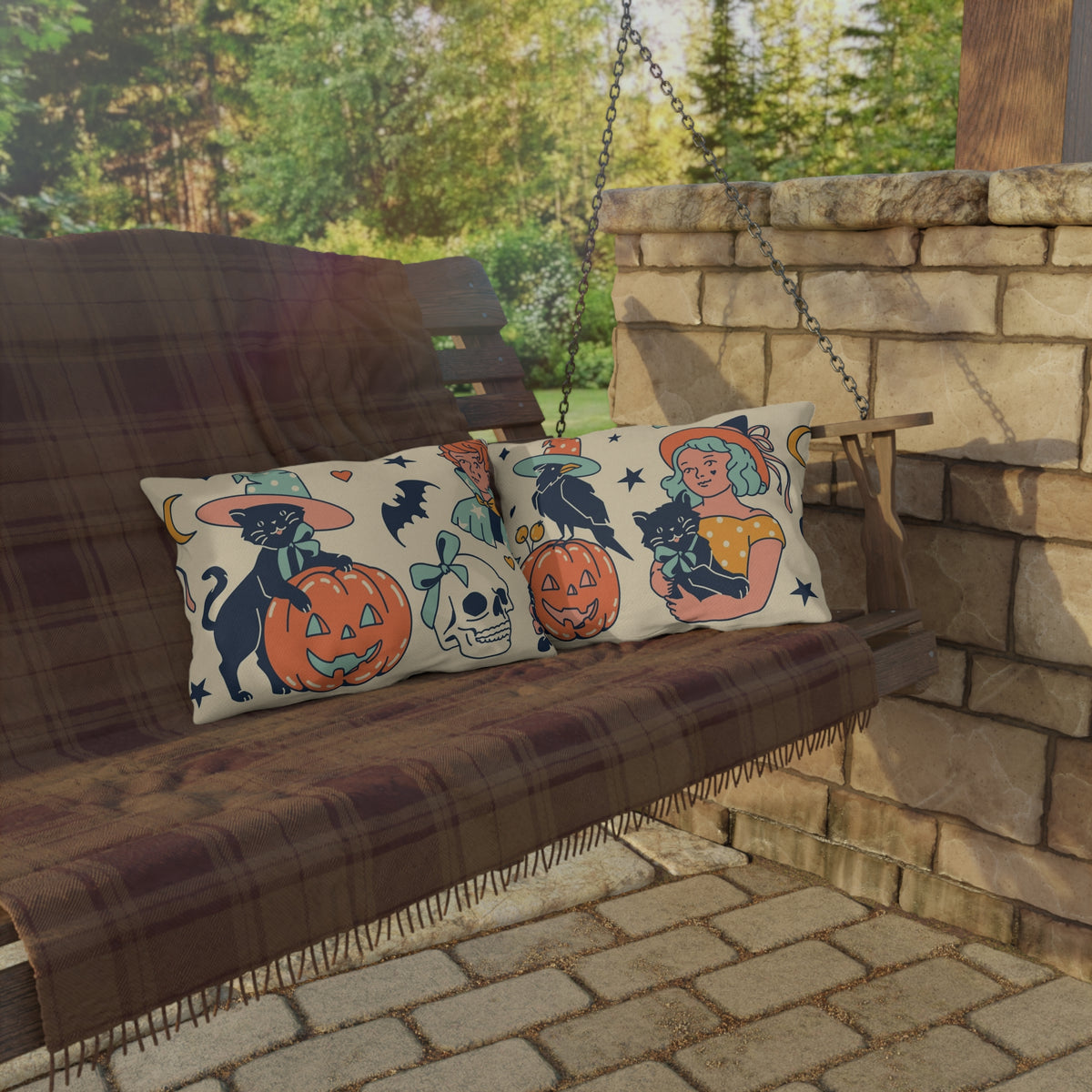 Vintage Halloween Witch Cats Outdoor Pillow | Pumpkin Skull Bat Pattern