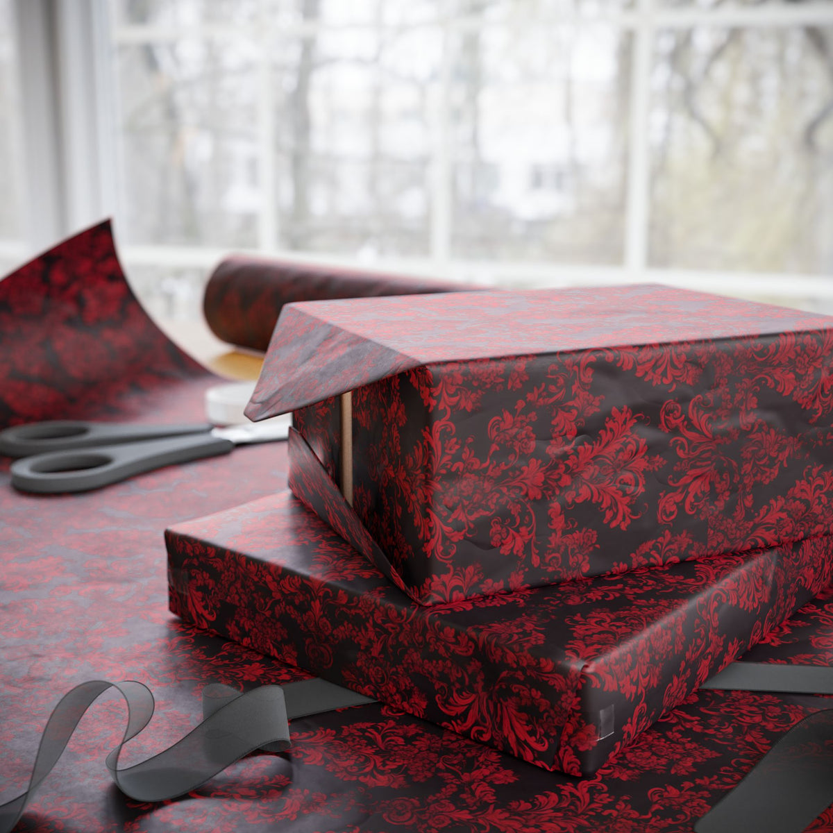 Red Damask Wrapping Paper Roll — Elegant Burgundy Floral Gift Wrap for Weddings & Holidays