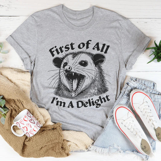 Gray graphic T-shirt with cat-face print and 'I'm A Delight' wording