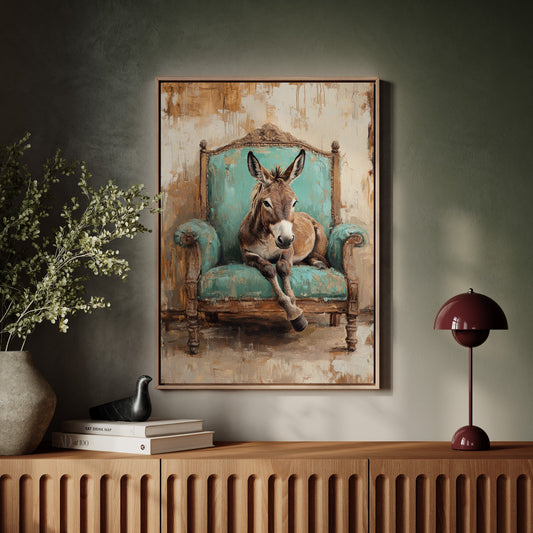 Framed donkey print showing a donkey sitting on a turquoise armchair, centered and full view.