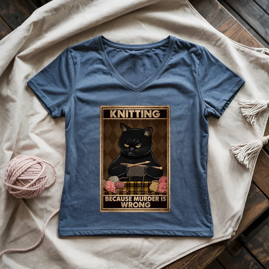 Heather navy V-neck T-shirt with cat knitting graphic