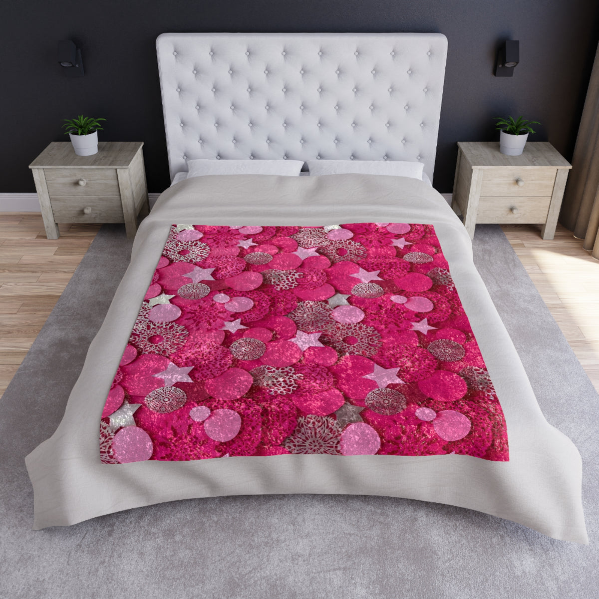 Pink Glam Throw Blanket – Hot Pink Abstract Star & Circle Pattern Cozy Plush Blanket