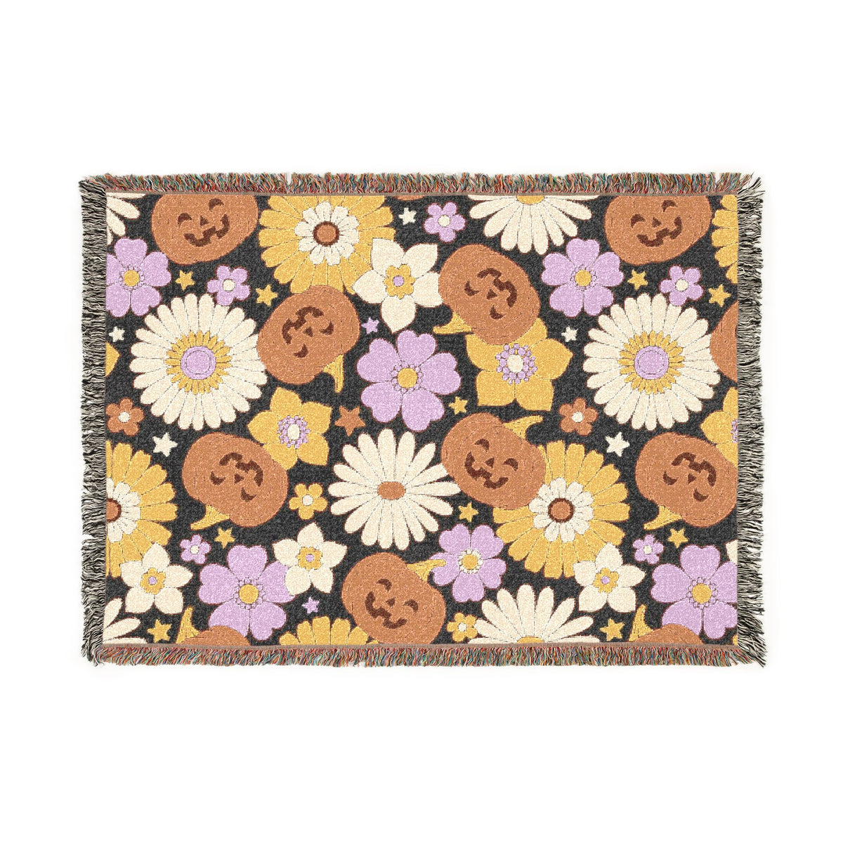 Retro Floral Pumpkin Pattern Woven Blanket | Autumn Daisy Throw