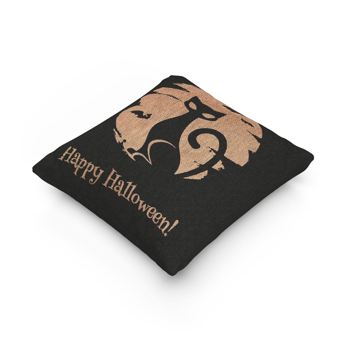 Black Cat Halloween Pillow | Happy Halloween woven decor, spooky moon design