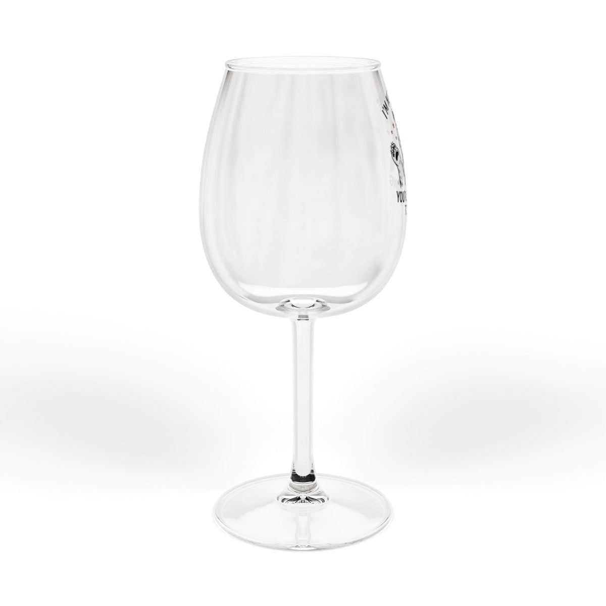 Clear wine glass, side view with no readable print on the visible area