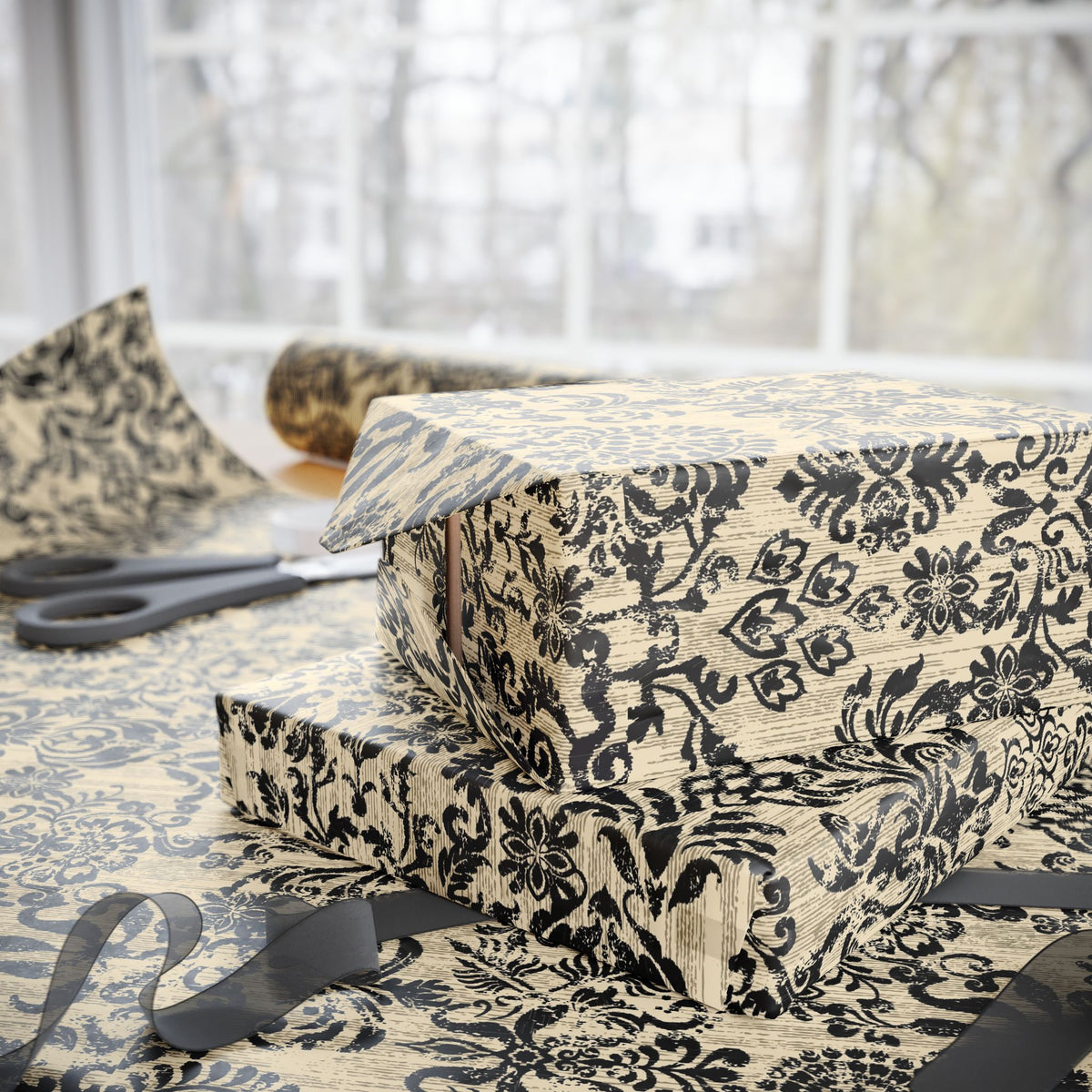 Damask Gift Wrapping Paper Roll — Vintage Black & Cream Floral Pattern
