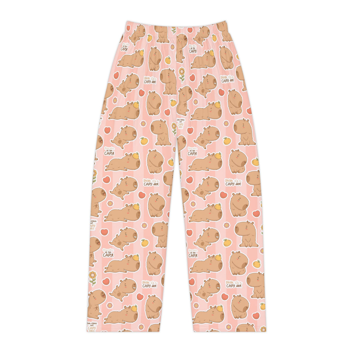Women's pajama pants, pink capybara pattern, elastic waist