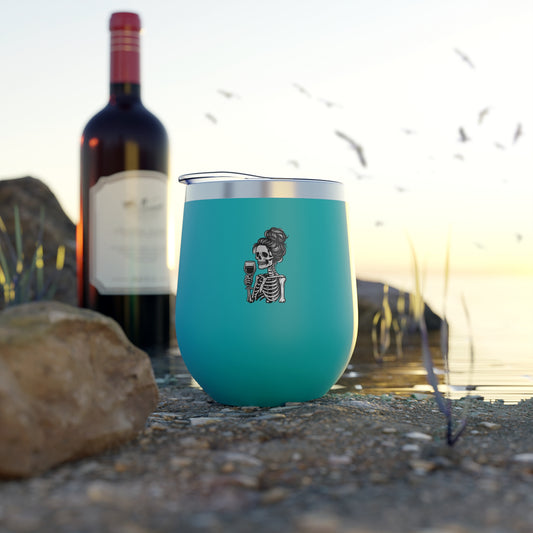 Turquoise 12oz tumbler with skeleton holding wine glass graphic on front