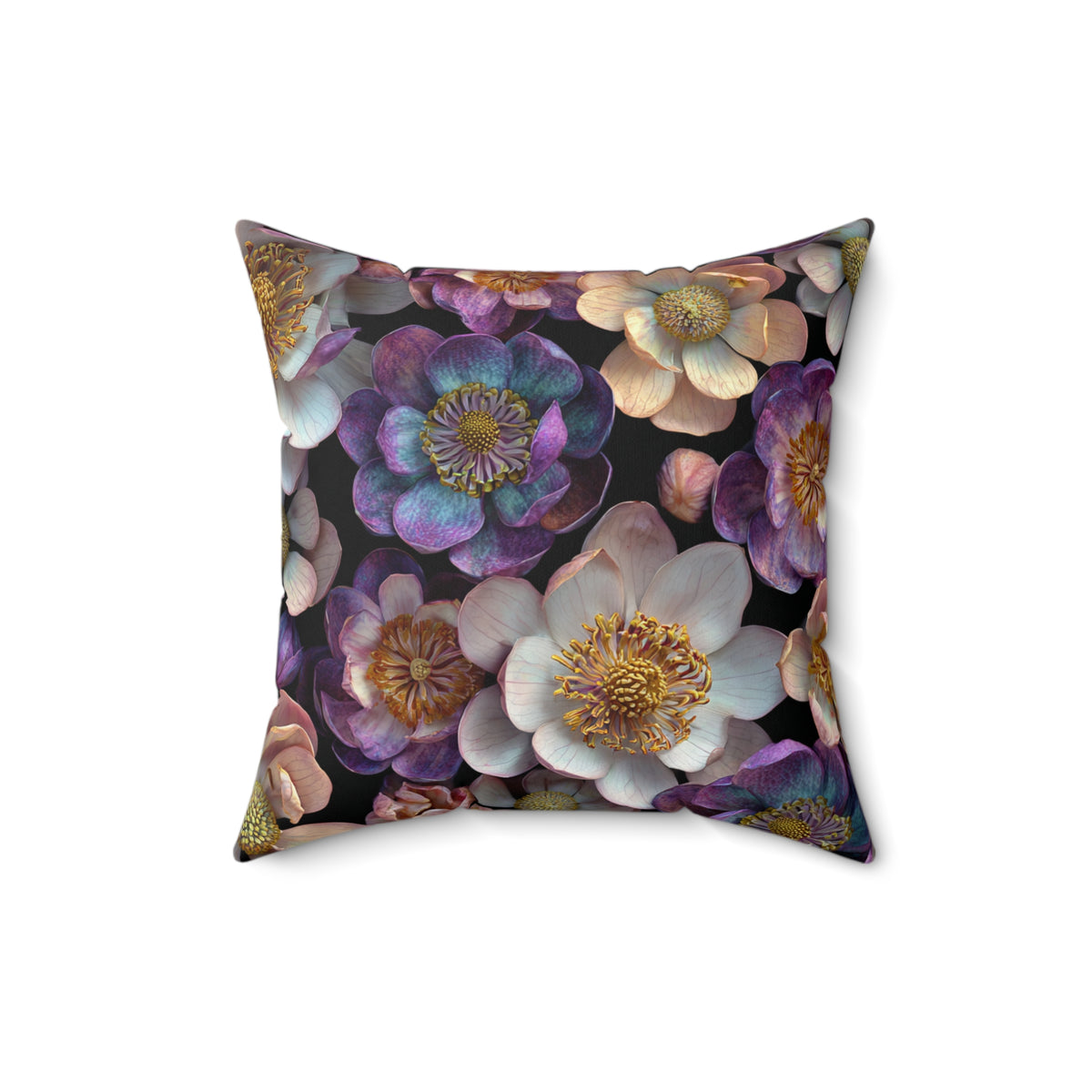 Square floral cushion with purple and white flowers, gold highlights on dark fabric