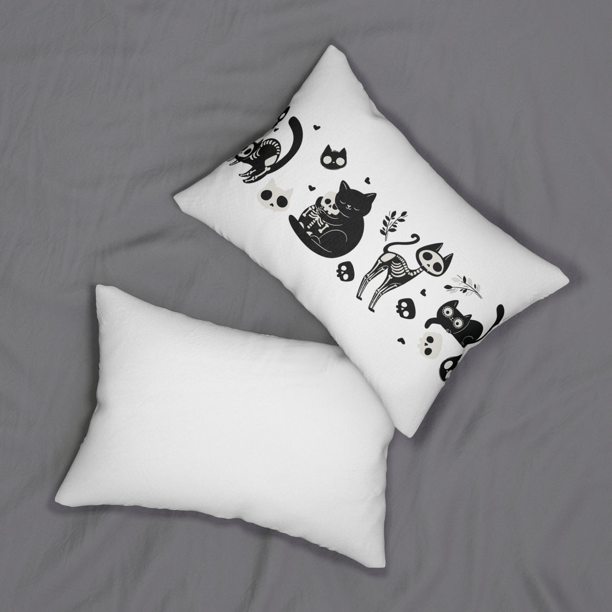 Black Skeleton Cat Pattern Lumbar Pillow | Halloween Cat Illustration