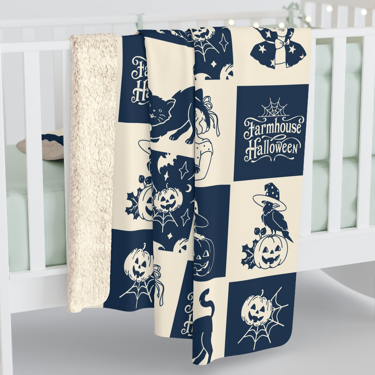 Vintage Farmhouse Halloween Sherpa Blanket — Retro Pumpkin & Cat Fleece Throw