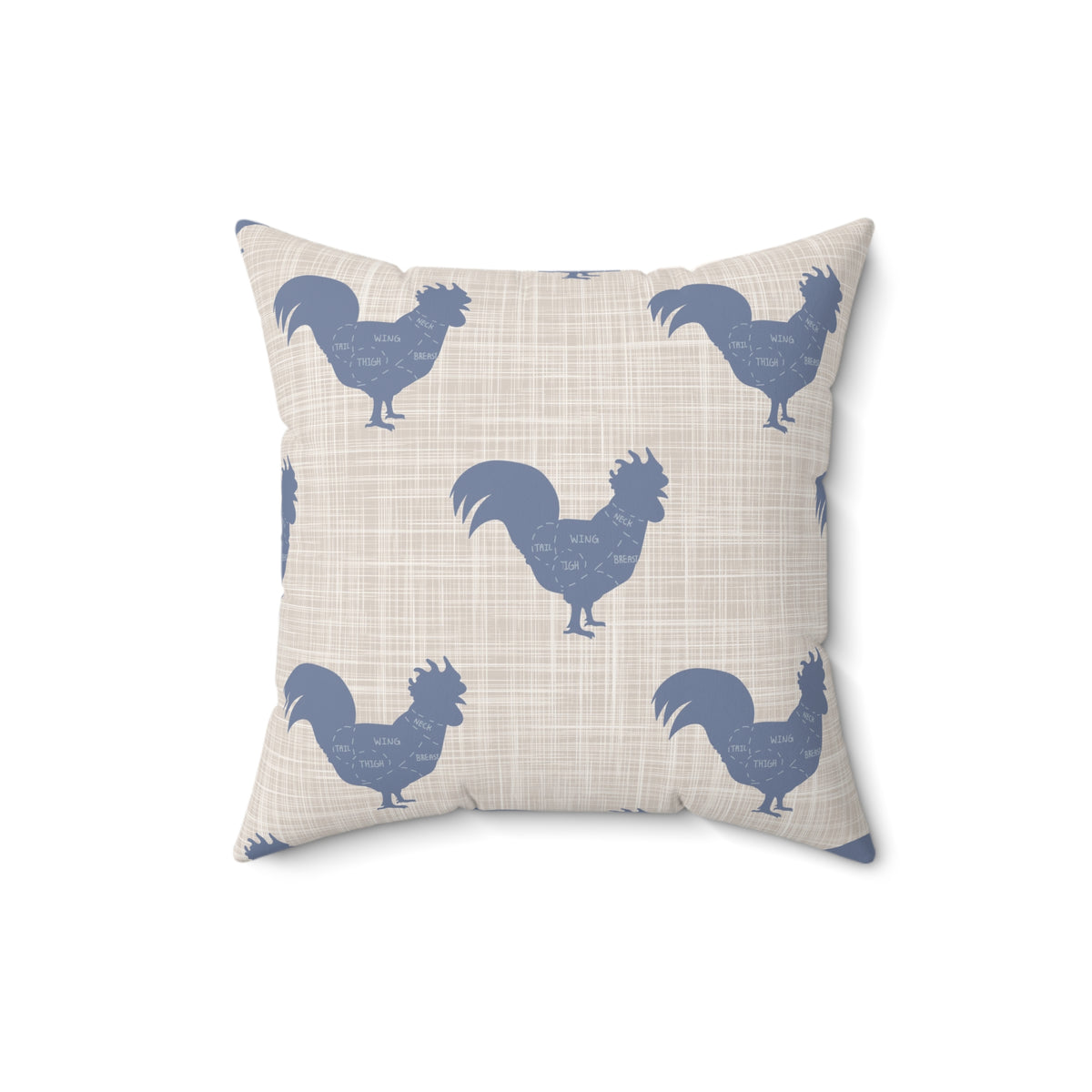 Decorative throw pillow with navy roosters printed on light cream textured fabric