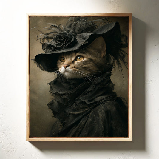 Wood-framed art print of a dark cat wearing a dramatic feathered hat