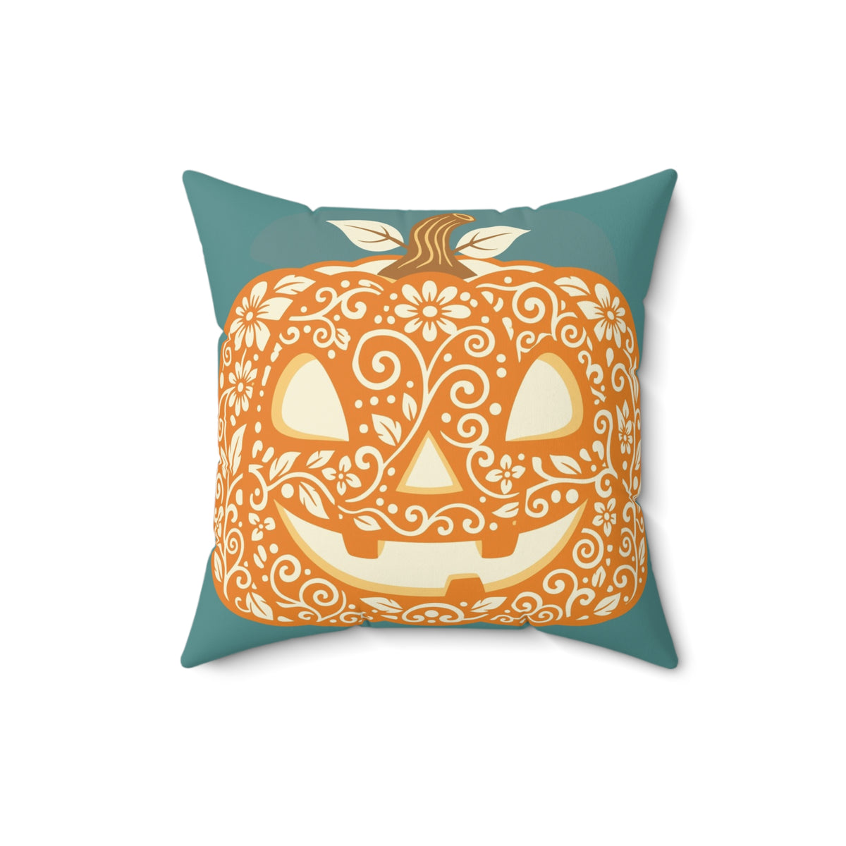 Floral Sugar Skull Pumpkin Pillow | Square Decorative Halloween Pillow