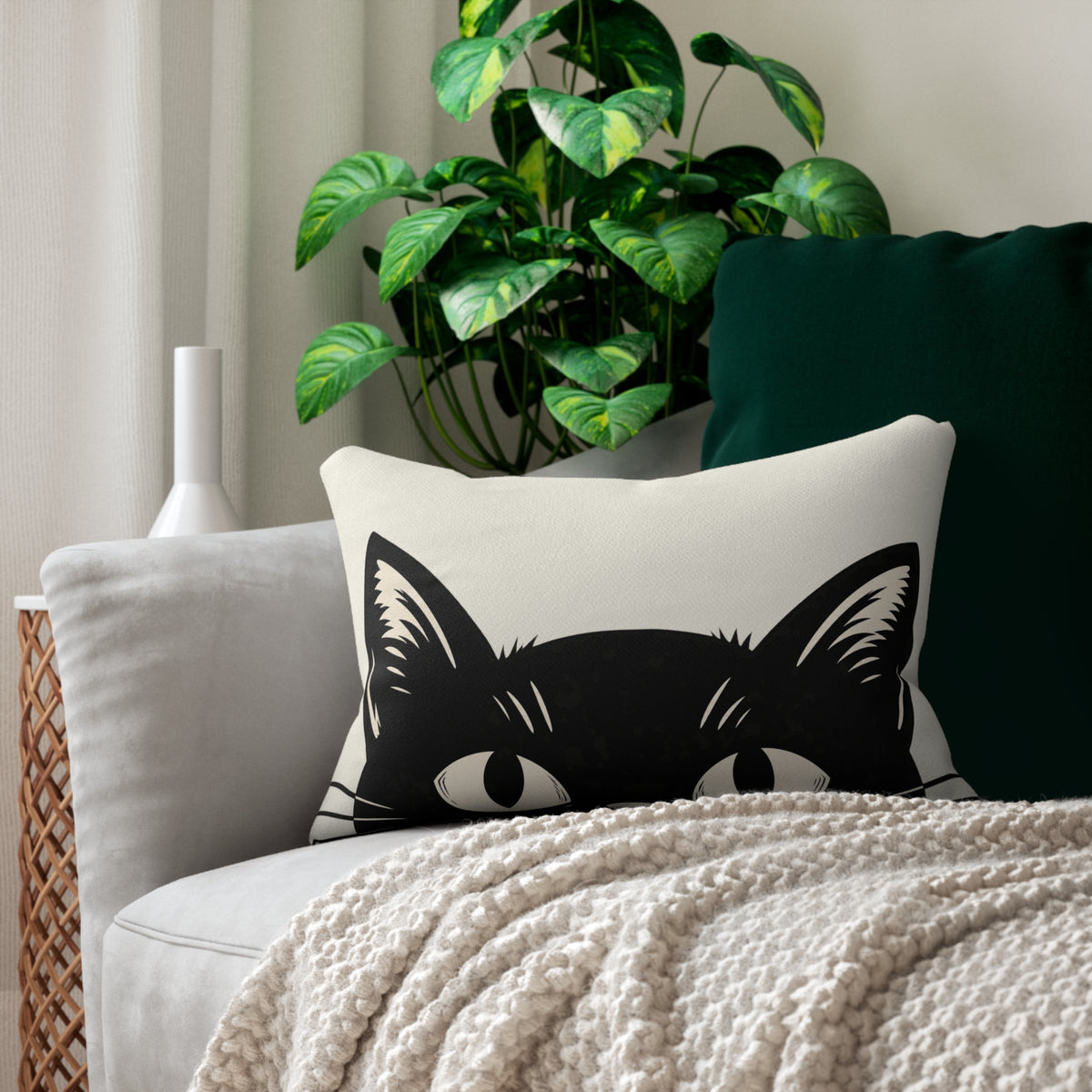 Peeking Black Cat Lumbar Pillow | Cute Spooky Halloween Cat Throw Pillow