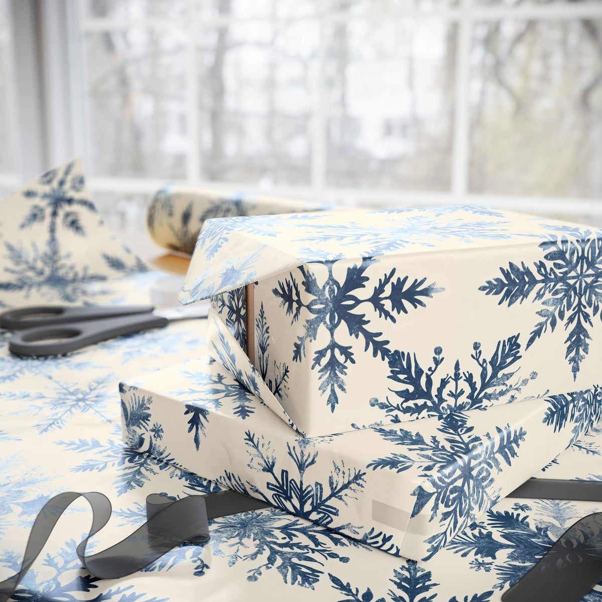 Winter Blue Snowflake Wrapping Paper Roll — Elegant Holiday Gift Wrap
