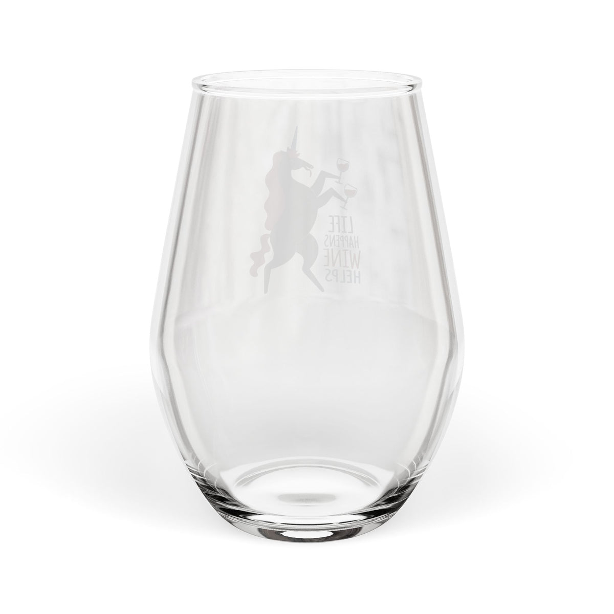 Unicorn Drinking Wine Stemless Wine Glass | Life Happens Wine Helps