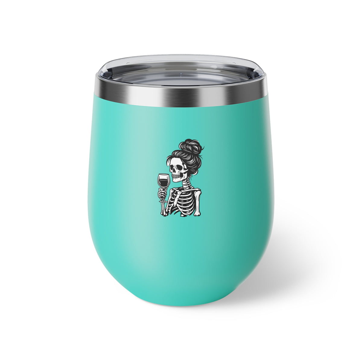 Turquoise 12oz tumbler with skeleton holding wine glass graphic