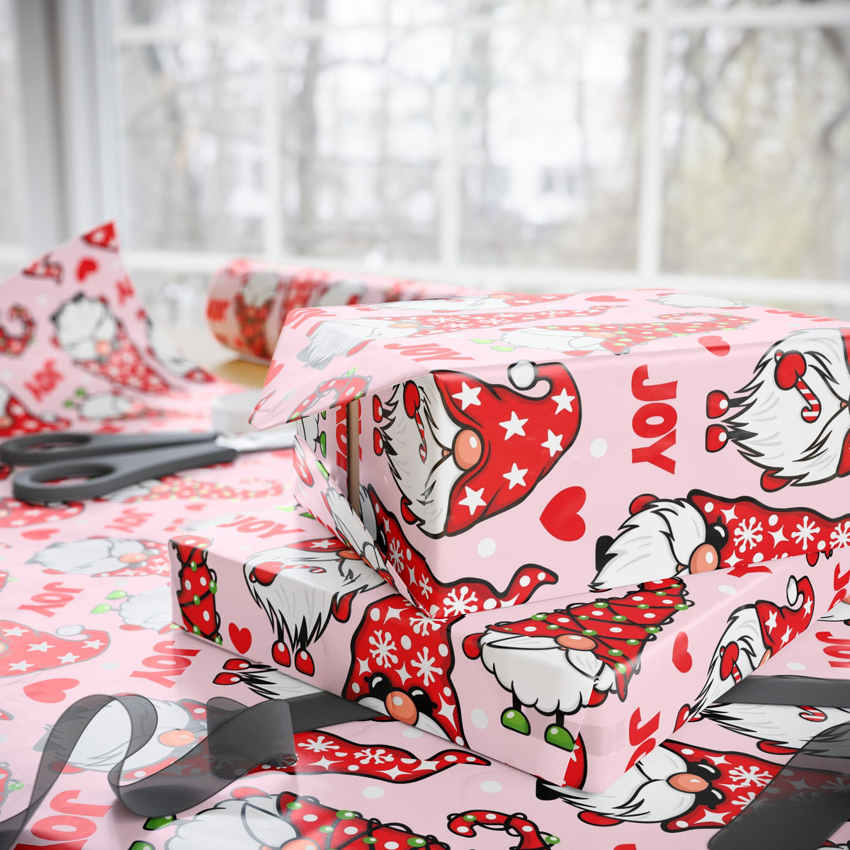 Christmas Gnome Pattern Wrapping Paper | Roll, Heart Motif