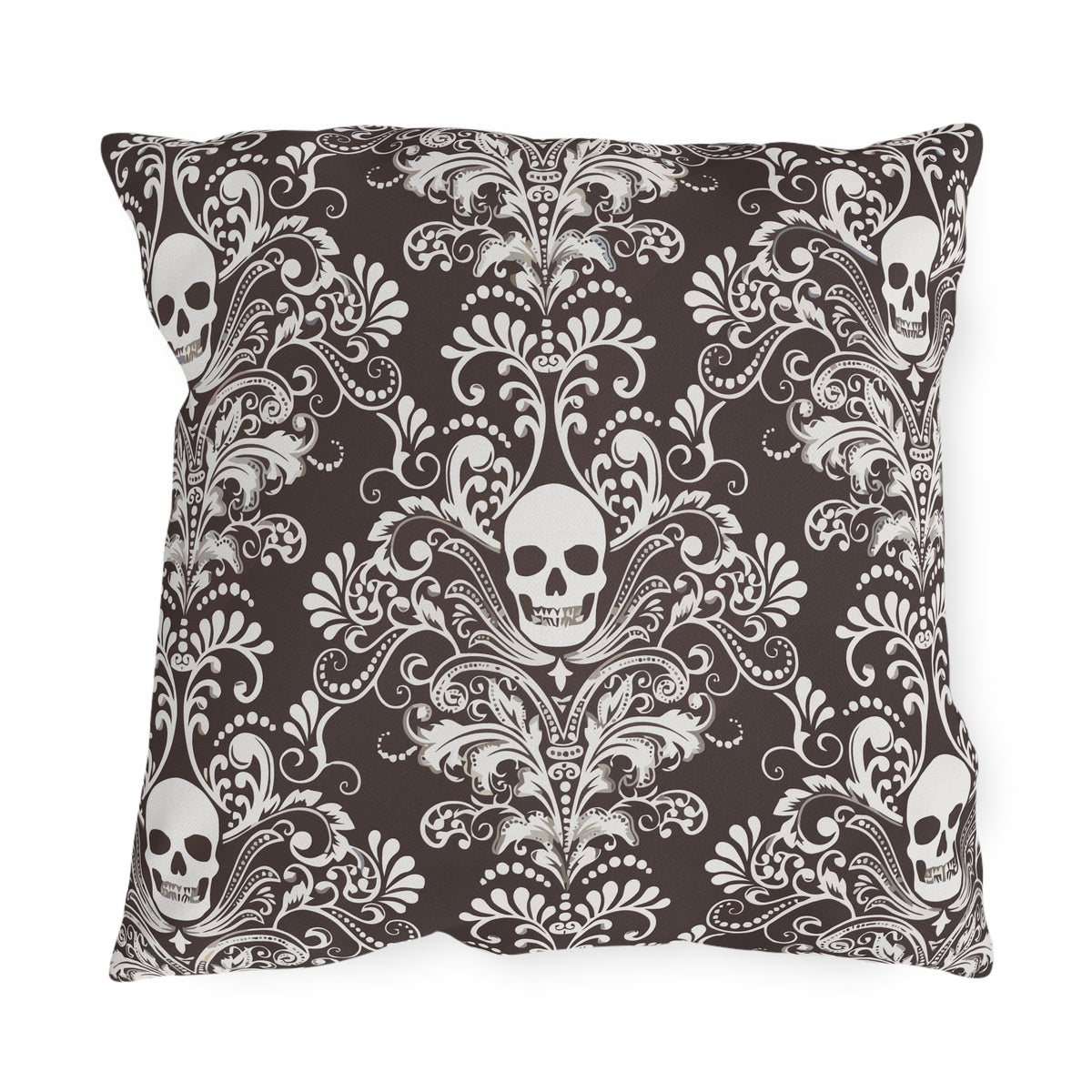 Brown Skull Damask Outdoor Pillows | Gothic Pattern Throw Pillow