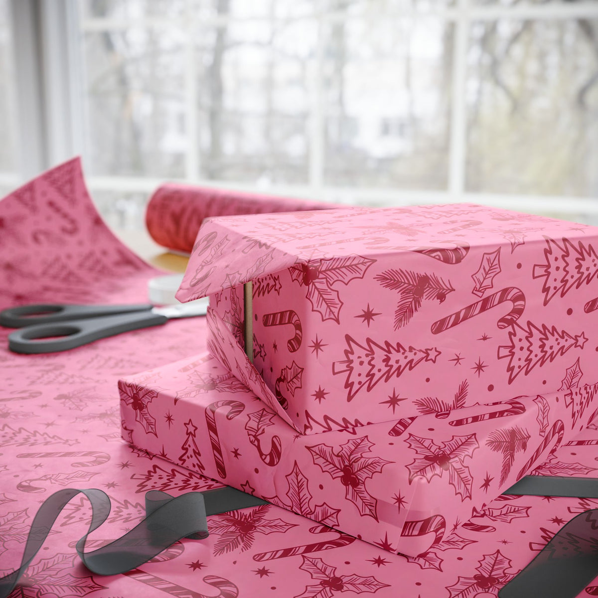 Pink Holiday Candy Cane Pattern Wrapping Paper | Christmas Gift Wrap Roll