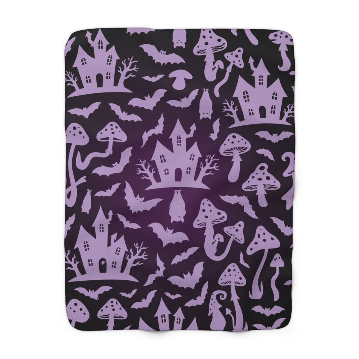 Haunted Castle and Mushrooms Sherpa Blanket | Purple Halloween Pattern