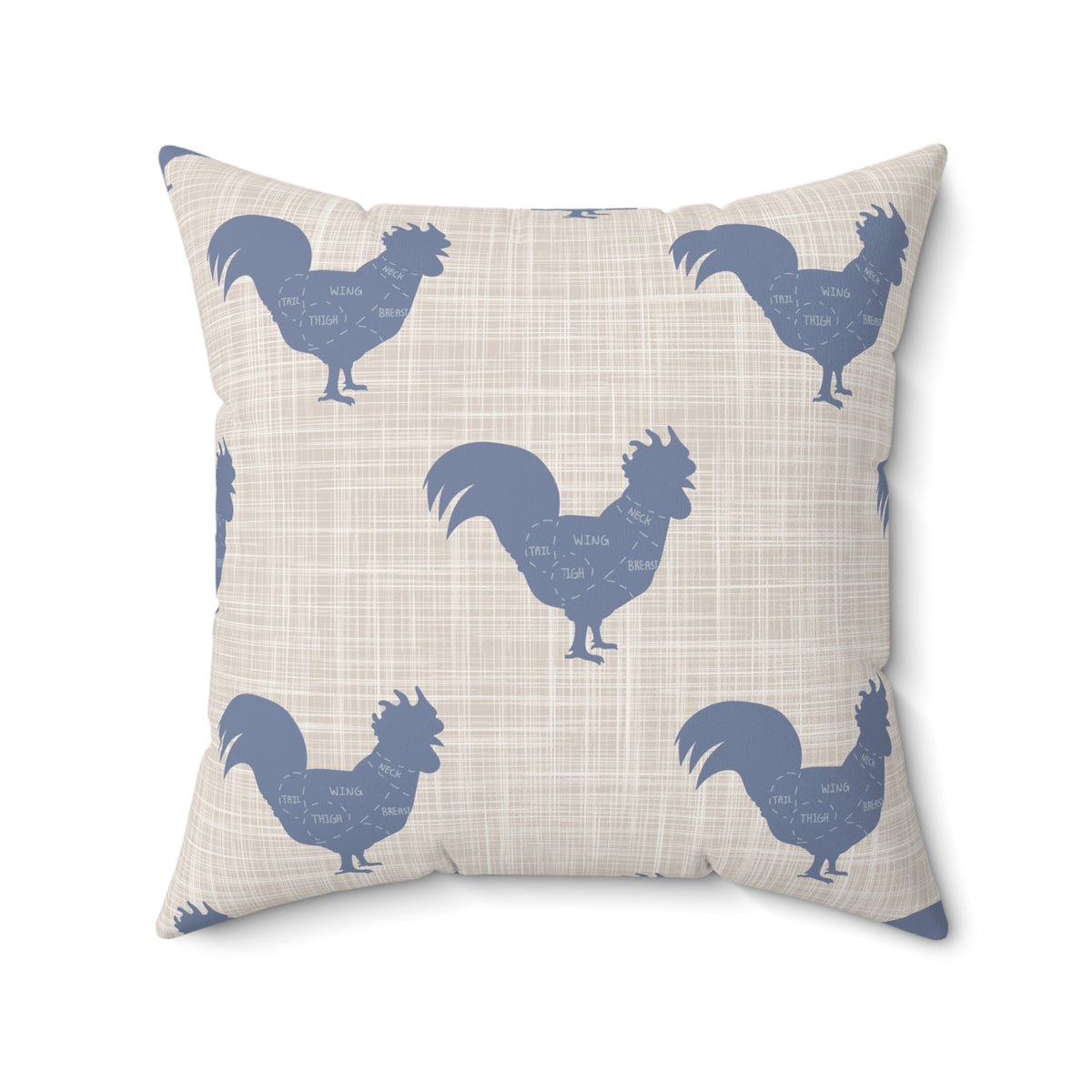 Square throw pillow with navy rooster pattern on cream grid fabric and tailored edges