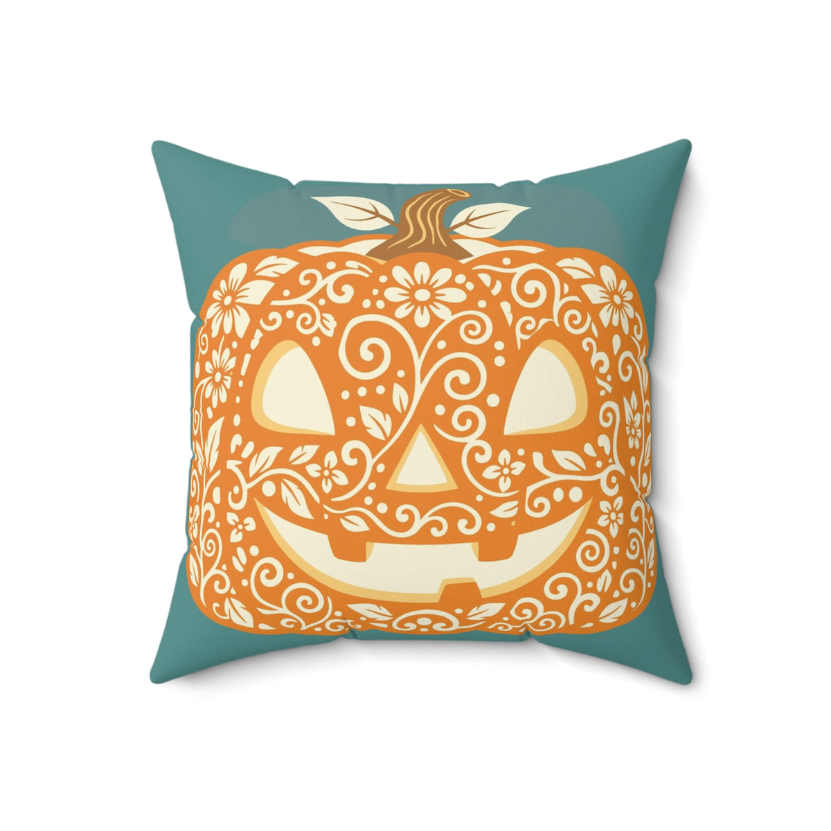 Floral Sugar Skull Pumpkin Pillow | Square Decorative Halloween Pillow