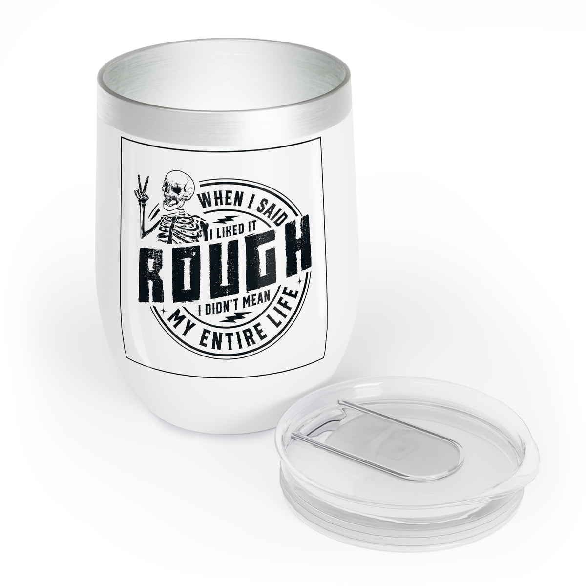 White insulated wine tumbler with front skull graphic and clear lid with spare top.