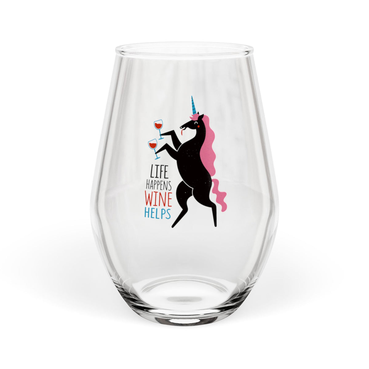 Unicorn Drinking Wine Stemless Wine Glass | Life Happens Wine Helps